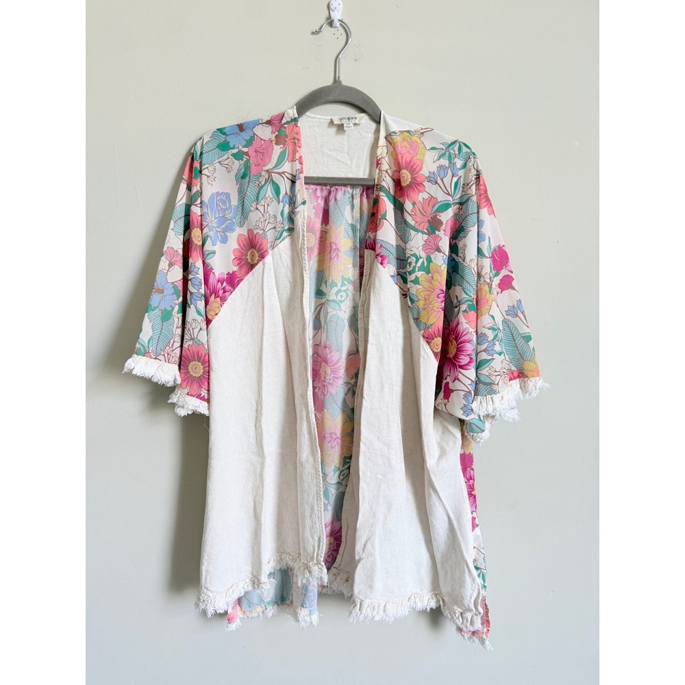 UMGEE Boutique Floral Fringe Kimono Wrap Boho Cream Pink Yellow ML